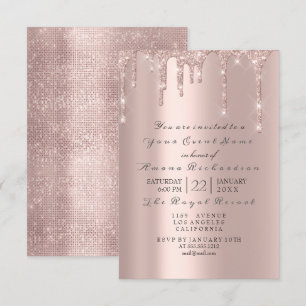 Invitation Rose rose pastel poudre paillettes gouttes grises