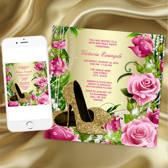 Invitation Rose Rose Pearl Or talon haute chaussure Anniversa (Womans gold high heel shoes birthday party invitation. Any number or event. Download and printed.)