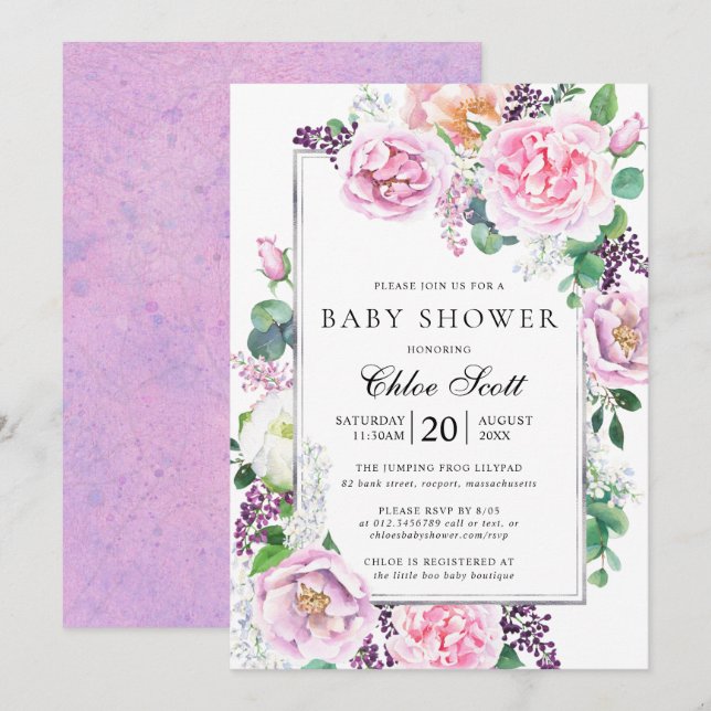 Invitation Rose rose Peony Baby shower floral (Devant / Derrière)