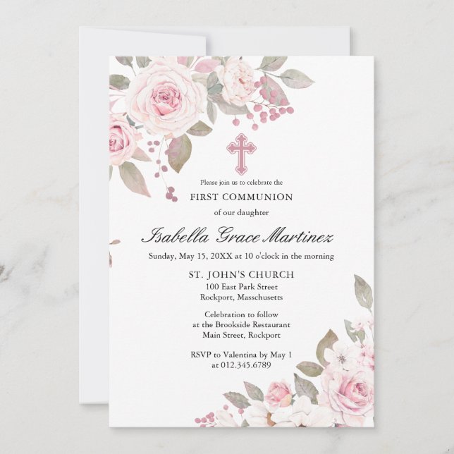 Invitation Rose rose Peony Floral Première Communion Sainte (Devant)