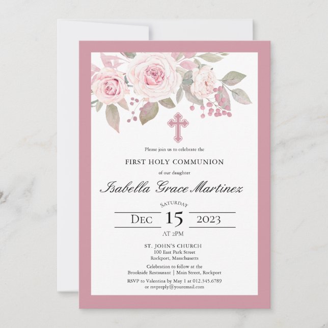 Invitation Rose rose Peony Floral Première Communion Sainte (Devant)