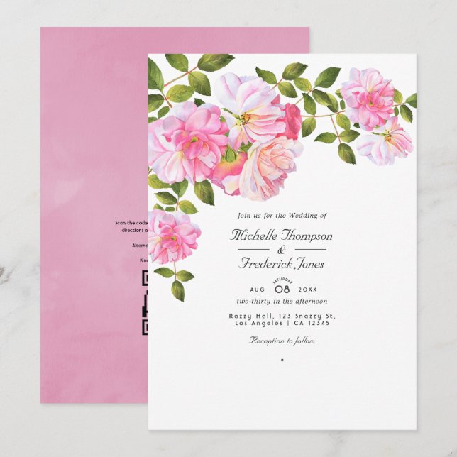 Invitation Rose rose QR Code RSVP Garden Wedding (Devant / Derrière)