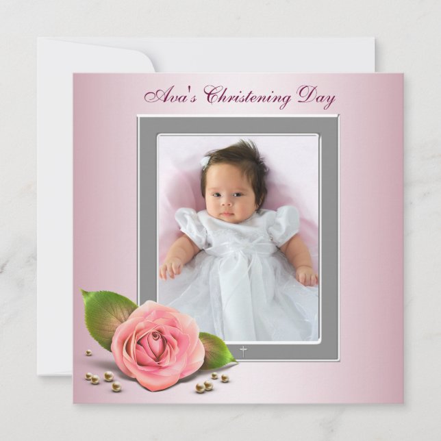 Invitation Rose Rose Rose Baby Girl Photo Christening (Devant)
