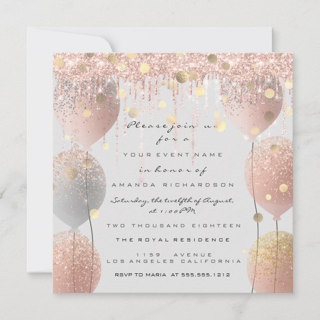 Invitation Rose Rose Rose Ballon Doux 16e bébé nuptiale Gris (Devant)