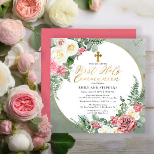 Invitation Rose rose rose Cadre Floral Or Première Communio