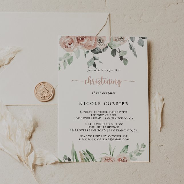 Invitation Rose rose rose classique Christening floral (Créateur téléchargé)