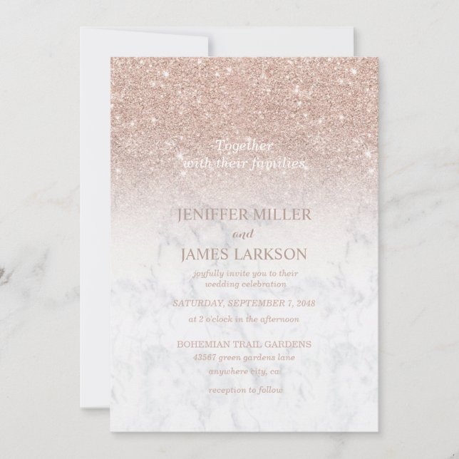 Invitation Rose rose rose or parties scintillant marbre blanc (Devant)