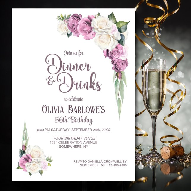 Invitation Rose Rose Rose Rose Floral Dîner et Boissons Anniv (Créateur téléchargé)