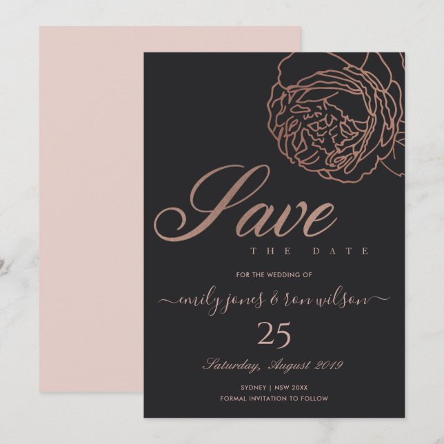 INVITATION ROSE ROSE ROSE ROSE NOIR FLORALE NOIR SAUVER LA DA (Devant / Derrière)