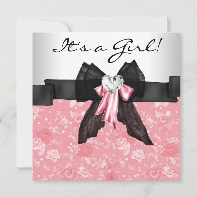 Invitation Rose rose rose rose rose noir bébé fille douche (Devant)