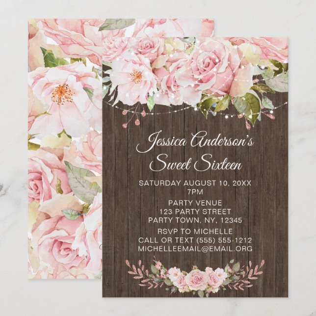 Invitation Rose rose Rustique Sweet sixteen (Devant / Derrière)