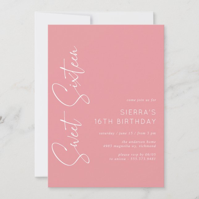 Invitation Rose rose Sweet sixteen fille Script 16e anniversa (Devant)