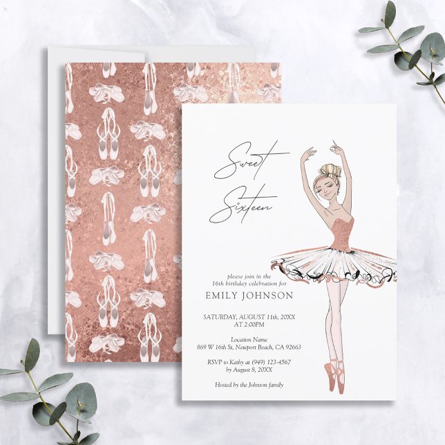 Invitation Rose rose vierge Or Ballerina Sweet 16 Anniversair (Créateur téléchargé)