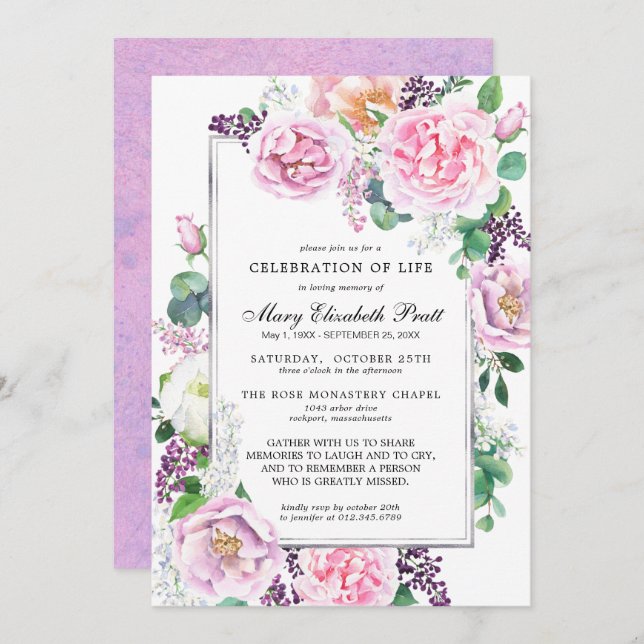 Invitation Rose rose violet Fête de la vie (Devant / Derrière)