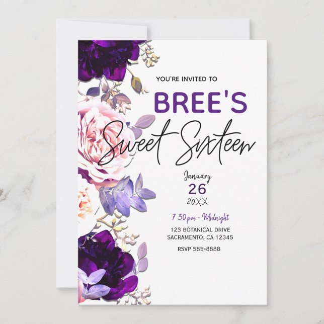 Invitation Rose rose violet Lilac Rose Floral Blanc sucré 16  (Devant)