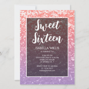 Invitation Rose rose violet pétillants Sweet 16 élégant scrip