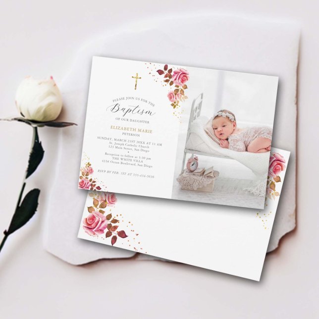 Invitation Rose Roses Gold Cross Baby Toddler Photo Baptême (baby girl baptism invitation christening pink gold roses floral frame cross elegant modern classic)