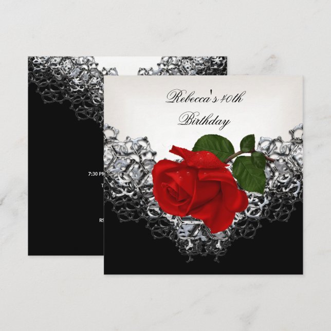 Invitation Rose ROUGE 40e Anniversaire dentelle noir blanc ar (Devant / Derrière)