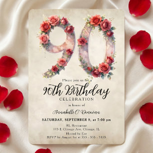Invitation Rose rouge aquarelle vintage pour 90e anniversaire