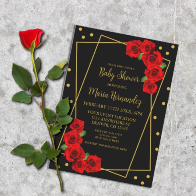 Invitation Rose rouge Baby shower noir et or (Créateur téléchargé)