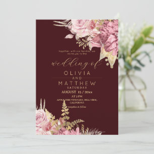 Invitation Rose Rouge Bourgogne ⎮ Mariage Moderne Floral Doré