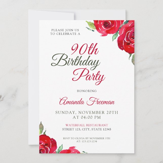 Invitation Rose rouge chic 90e anniversaire (Devant)