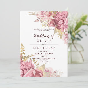 Invitation  Rose Rouge Clair ⎮ Élégant Jardin Floral Doré Mar