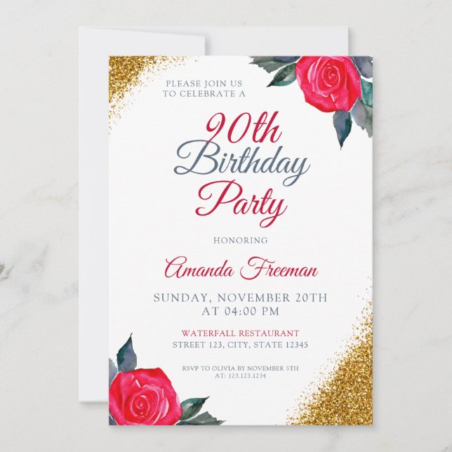Invitation Rose rouge classique 90e anniversaire (Devant)