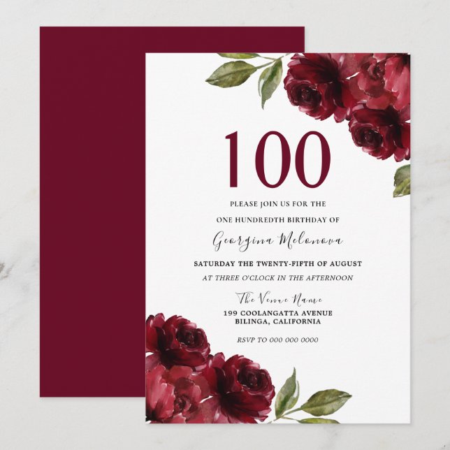 Invitation Rose rouge de Bourgogne Florale femmes 100e annive (Devant / Derrière)