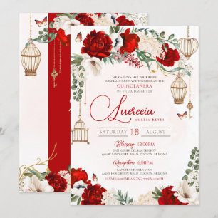 Invitation Rose rouge élégant papillon botanique Quinceañera