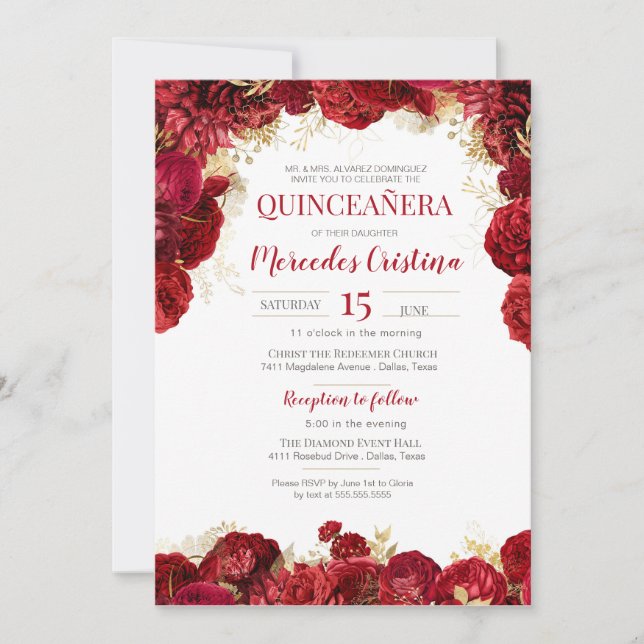 Invitation Rose rouge Elégante Quinceanera Florale (Devant)