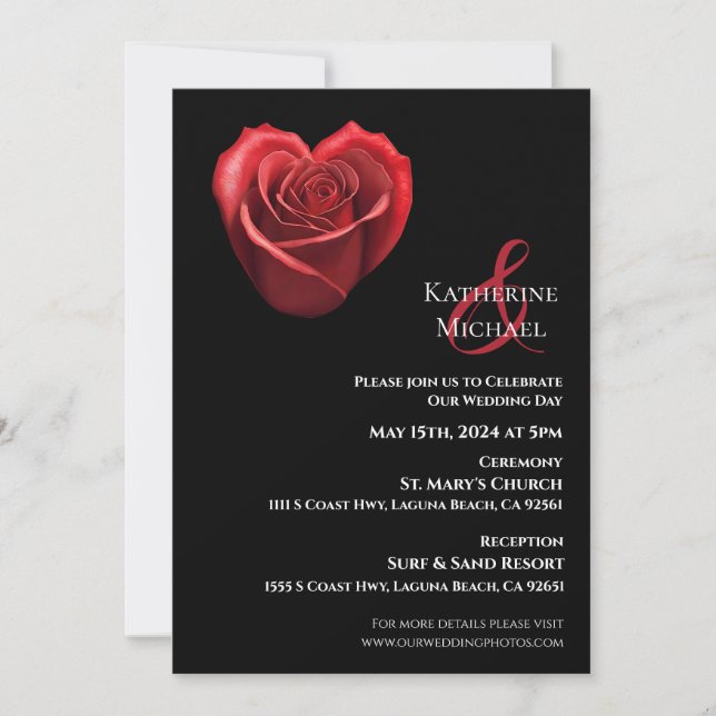 Invitation Rose rouge en forme de coeur - (Devant)