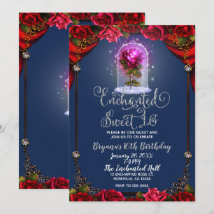 Invitation Rose rouge enchantée Beauté Anniversaire Soirée Sw