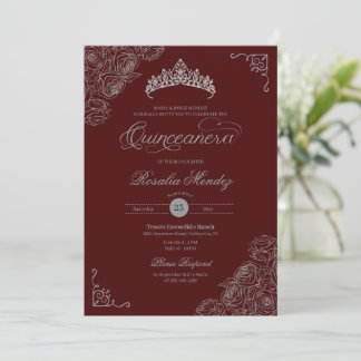 Invitation Rose rouge et argent élégant Quinceañera