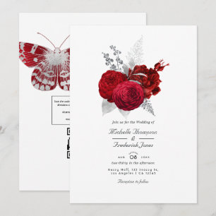 Invitation Rose Rouge et Argent Vintage Code QR RSVP Mariage