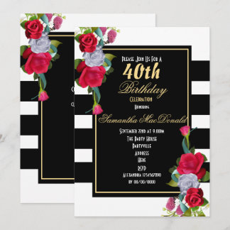 Invitation Rose rouge et bande noire 40e anniversaire