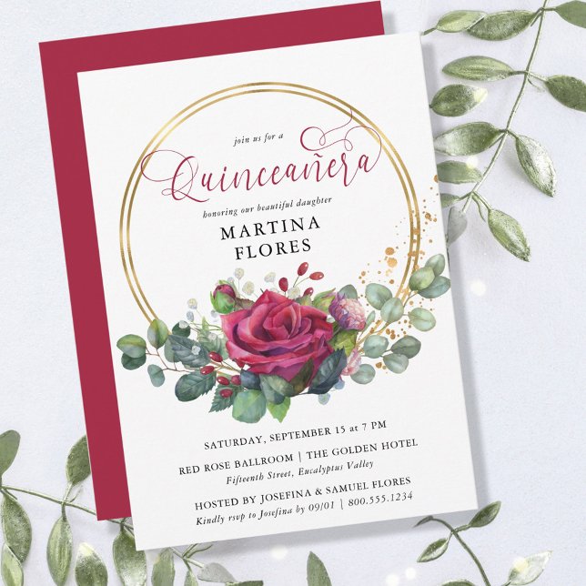Invitation Rose rouge et Eucalyptus Élégante Quinceanera flor (Créateur téléchargé)