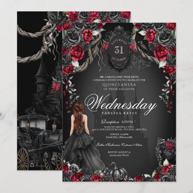 Invitation Rose rouge et noir Quinceañera Halloween gothique (Devant / Derrière)