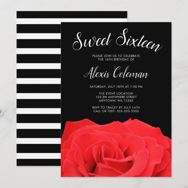 Invitation Rose rouge et noir sucré 16 (Devant / Derrière)