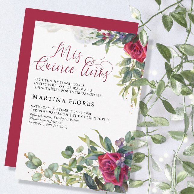 Invitation Rose rouge Eucalyptus Mis Quince Anos Quinceanera (Créateur téléchargé)