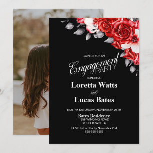 Invitation Rose rouge Floral Black Engagement Party Photo