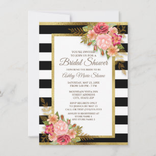 Invitation Rose Rouge Floral Noir Blanc Rayures Or Mariage