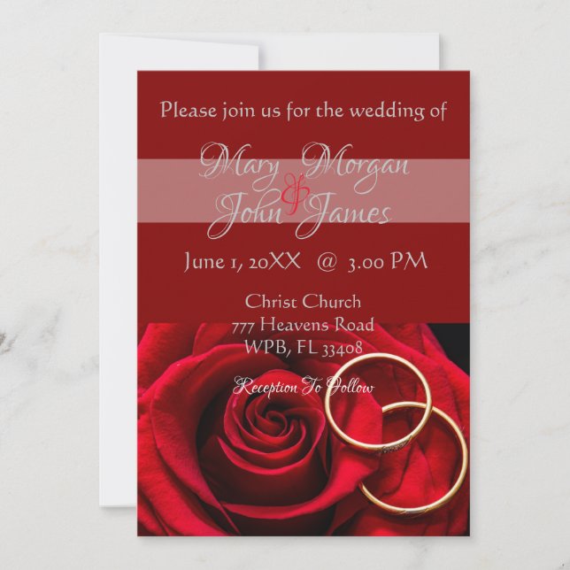 Invitation Rose rouge florale avec bague de mariage (Devant)