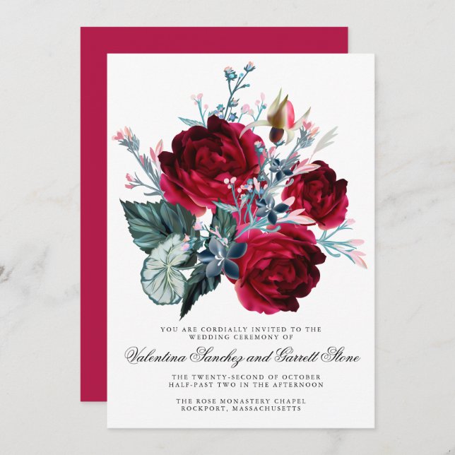 Invitation Rose rouge foncé Mariage floral (Devant / Derrière)