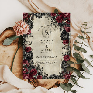 Invitation Rose rouge gothique et romance dentelle