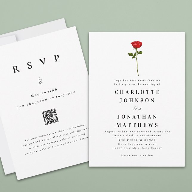 Invitation Rose Rouge Minimaliste Élégant Code QR Moderne (Single red rose watercolor elegant modern wedding qr code invitation )