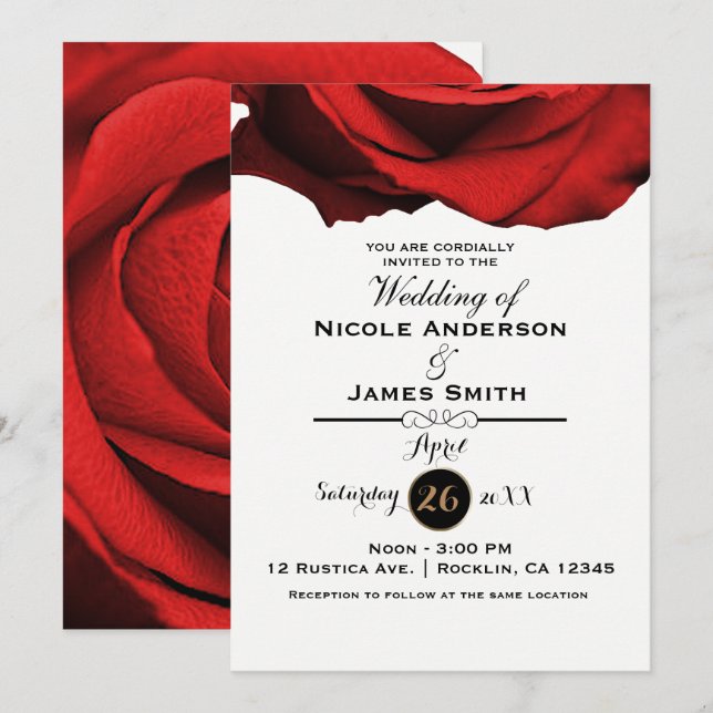 Invitation Rose rouge Moderne Rustique Blanc Élégant Mariage (Devant / Derrière)