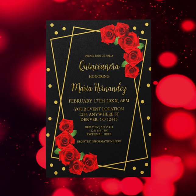 Invitation Rose rouge Noir et or Quinceañera (Créateur téléchargé)