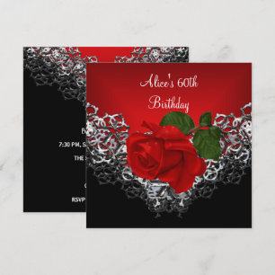 Invitation Rose rouge profond en dentelle noire et argent pou