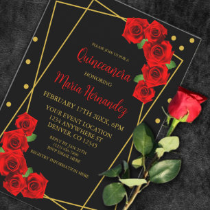 Invitation Rose Rouge Quinceañera Noir et Or